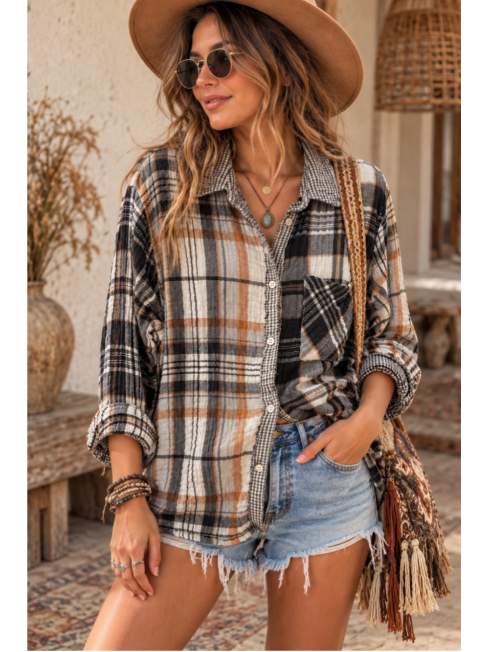Aerie Mixed Plaid Button Up Shirt Medium Boho Oversized